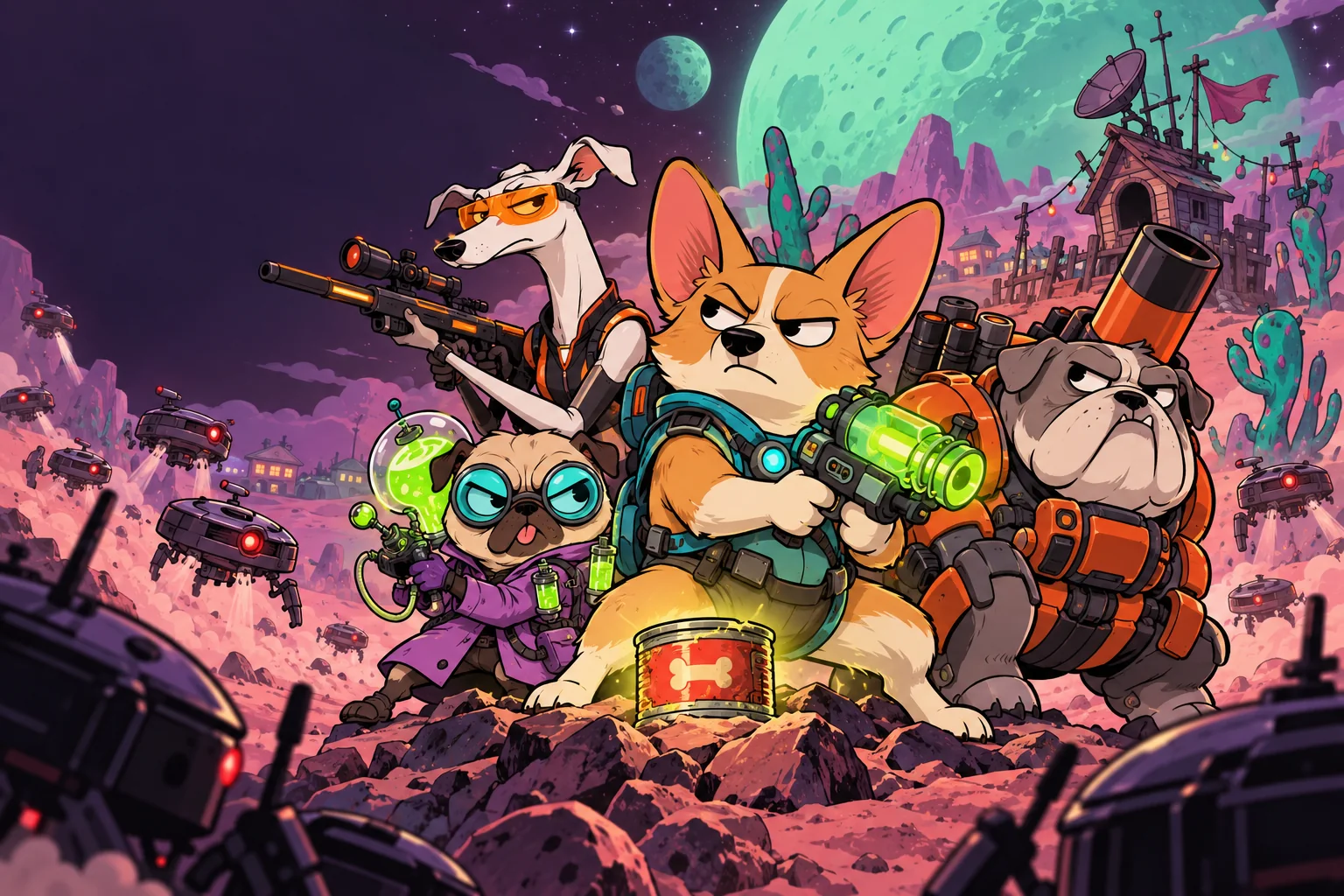 Game illustration: Rex, Laika, Mops and Brutus in front of an alien doghouse.