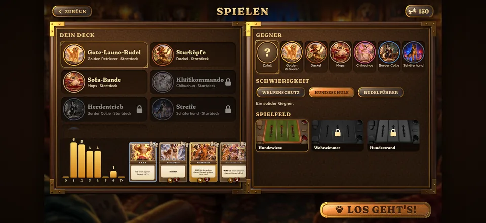 Vor der Partie wählst du Deck, Gegner, Schwierigkeit und Spielfeld.