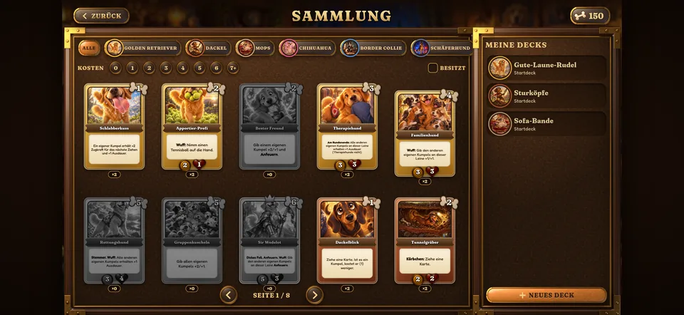 Die Sammlung mit Filtern nach Rasse und Kosten, rechts deine Decks.