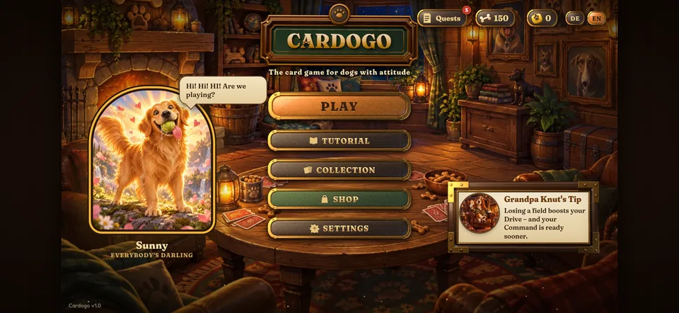 The main menu: Sunny the Golden Retriever greets you by the fireplace, next to Play, Tutorial, Collection, Shop and Settings.