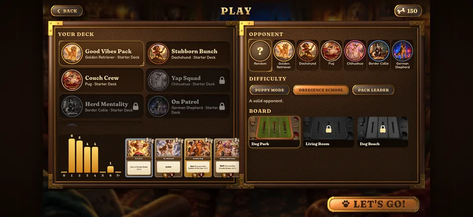 Before a match you choose your deck, opponent, difficulty and board.