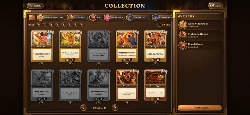 The collection with filters by breed and cost, your decks on the right.