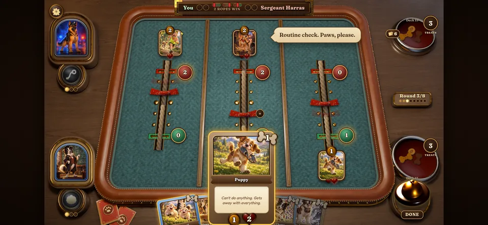 In the Living Room: Professor Herdbert takes a look at the Puppy card before playing it.