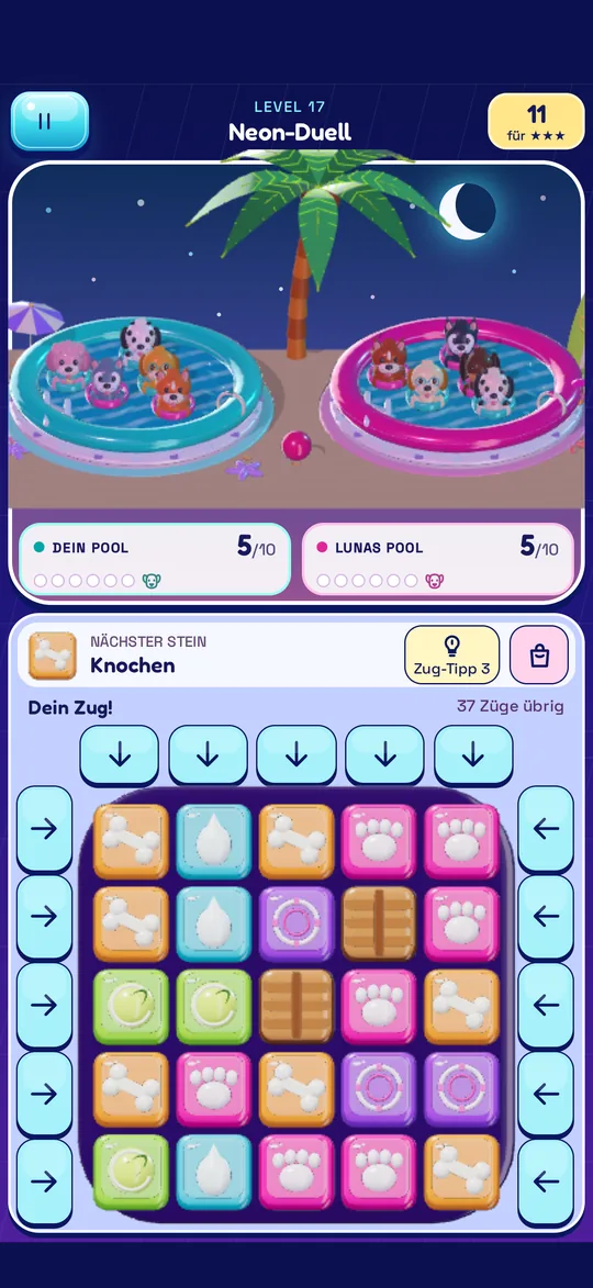 Duell bei Nacht: oben dein Pool und Lunas Pool, unten das Brett mit fünf mal fünf Steinen.
