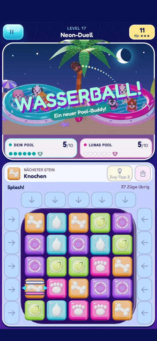 Wasserball! Eine lange Reihe wird zum Spezialstein, und ein Hund springt in deinen Pool.