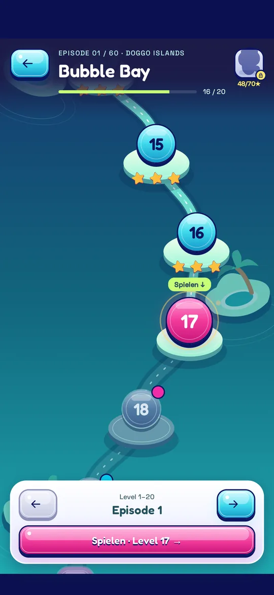 Levelkarte von Bubble Bay mit Sternen und dem nächsten Level 17.