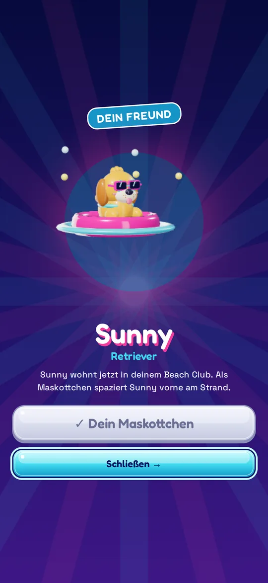 Sunny mit Sonnenbrille auf dem Schwimmring – dein Strand-Maskottchen.