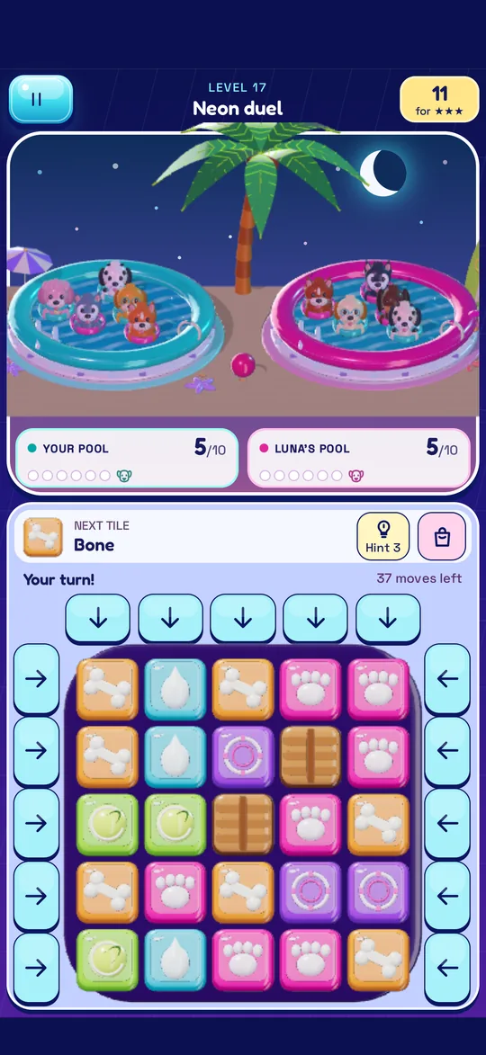 Night duel: your pool and Luna's pool at the top, the five-by-five board below.