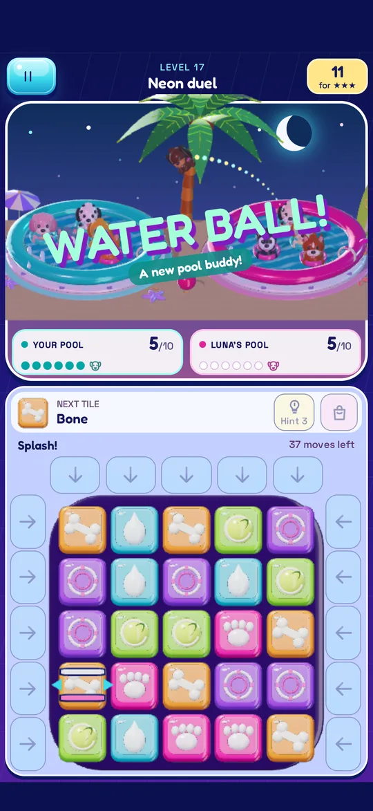Water ball! A long row turns into a special tile and a dog jumps into your pool.