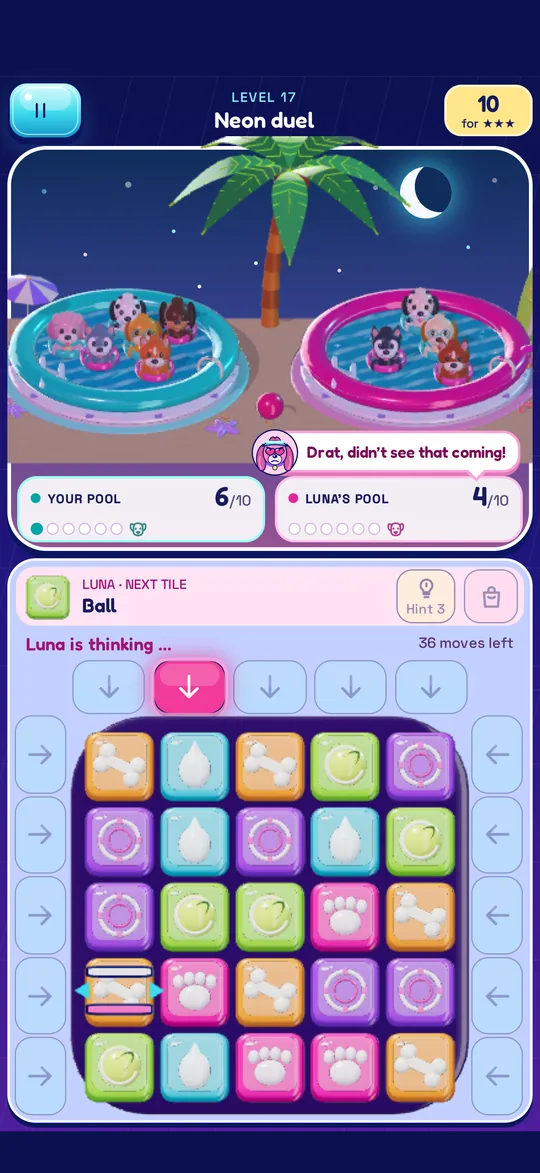 Luna's turn: her pink arrow shows where she is about to slide in a tile.
