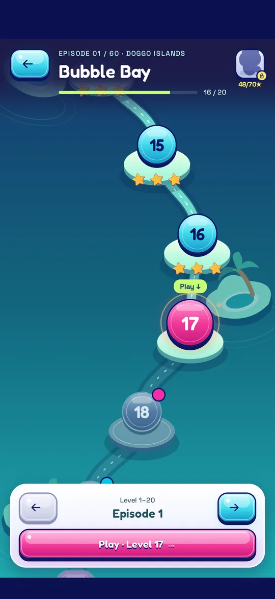Level map of Bubble Bay with stars and level 17 up next.