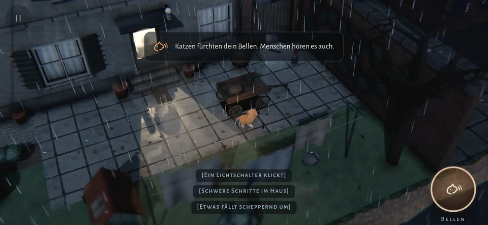 Nach dem Bellen geht hinter dem Milchglas der Hintertür das Licht an; im Haus sind schwere Schritte zu hören.