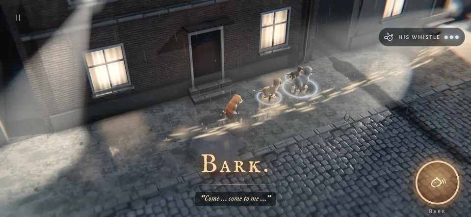 The street home with warm windows – for the first time the game says: Bark.