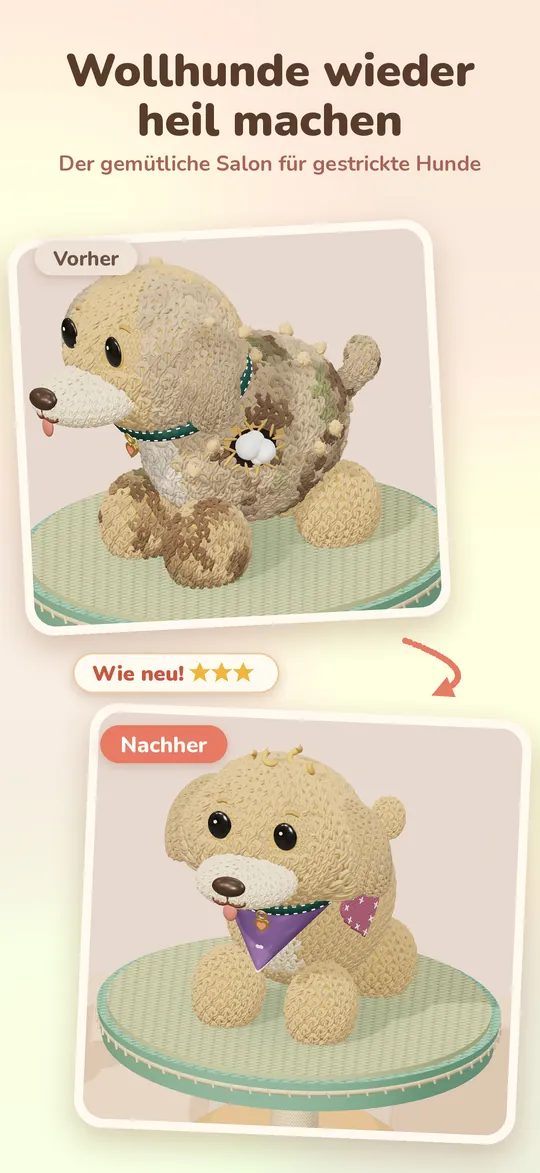 Vorher und nachher: Ein zerzauster Wollhund im Salon und derselbe Hund frisch gepflegt.