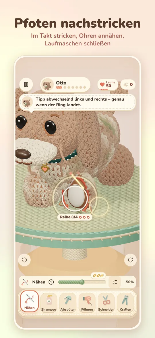 Eine Pfote wird im Takt nachgestrickt, darunter die Werkzeugleiste mit Nähen, Shampoo, Föhnen und Krallen.