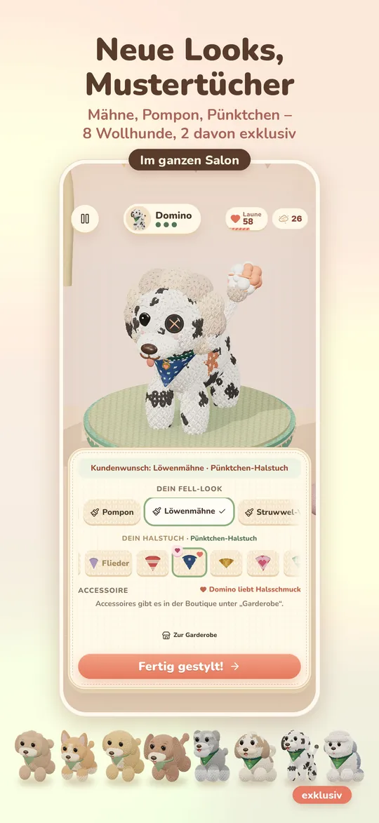Ein Dalmatiner-Wollhund bekommt einen neuen Look mit gemustertem Halstuch, daneben die acht Wollhunde.