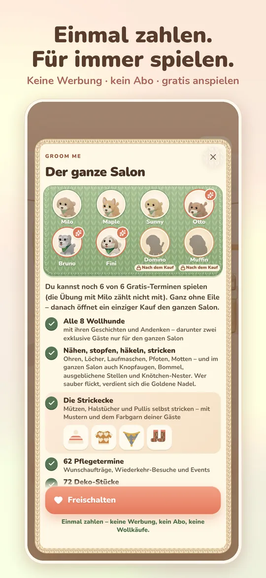 Der Freischalt-Bildschirm: einmal kaufen, dann der ganze Salon ohne Werbung und ohne Abo.