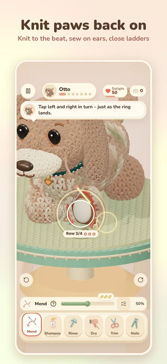 A paw is knitted back to the beat, with the tool bar for mending, shampoo, drying and nails below.