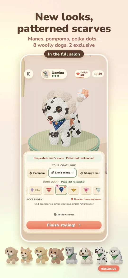 A Dalmatian woolly dog gets a new look with a patterned scarf, next to the eight woolly dogs.