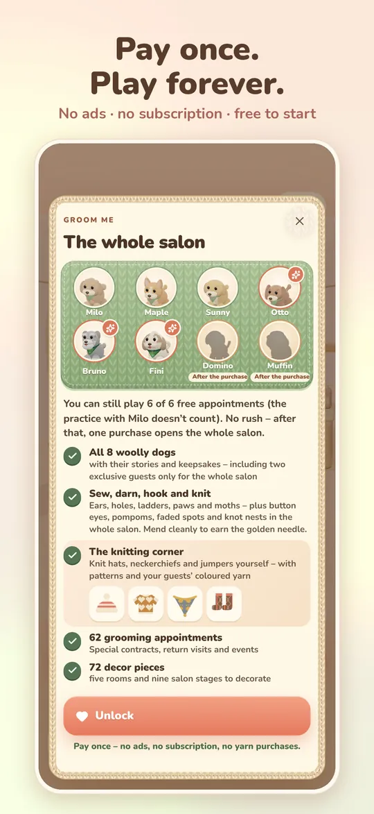 The unlock screen: buy once, then the whole salon with no ads and no subscription.