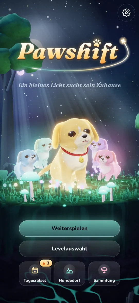 Der kleine Lichthund mit vier heimgebrachten Freunden auf einer Lichtung im Glimmwald.