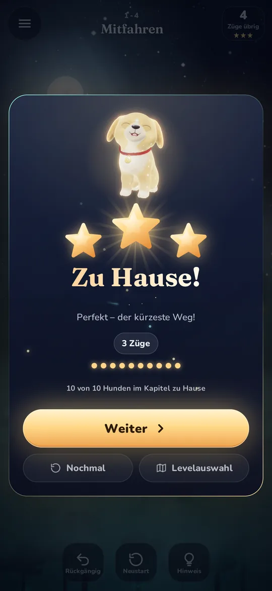 Geschafft: Der Lichthund strahlt über drei Sternen.