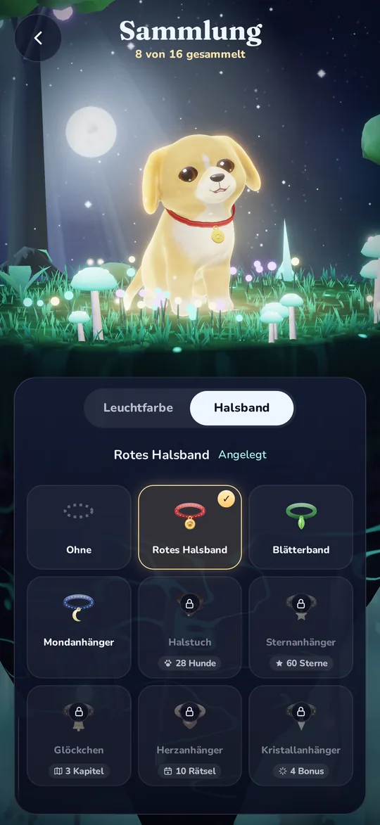 Die Sammlung mit Halsbändern und Anhängern für den Lichthund.