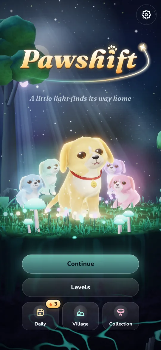 The little light dog with four friends it has brought home, in a clearing in the Glimmerwood.
