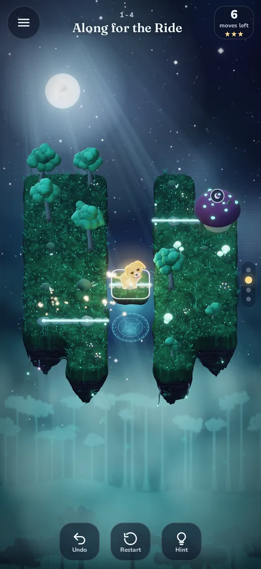 A held stone carries the light dog across a gap between two floating islands.