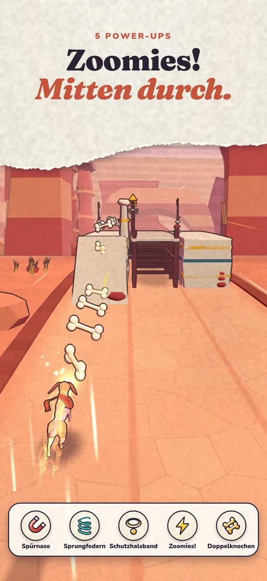 Sol sprintet mit Zoomies! durch eine Knochenreihe; unten stehen die fünf Power-ups.