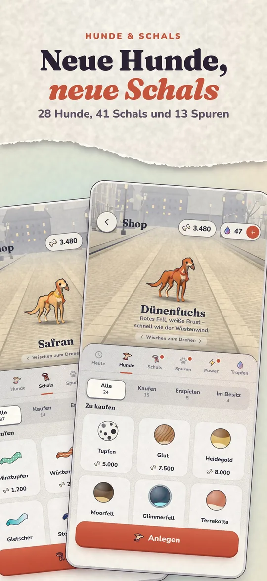 Der Shop zeigt den Hund Dünenfuchs und weitere Hunde zum Kaufen mit Knochen.
