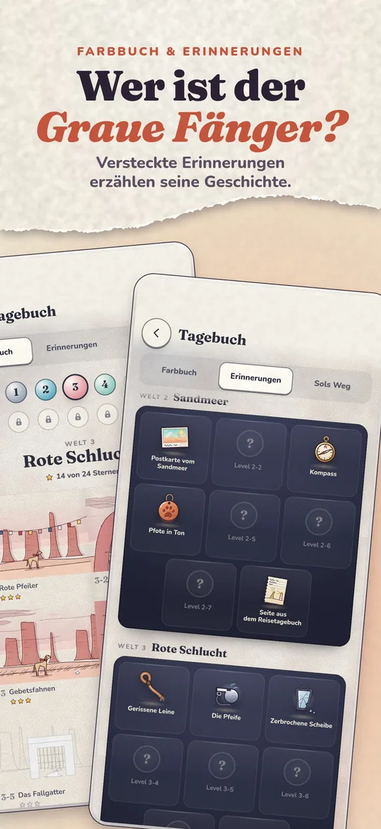 Das Tagebuch mit Farbbuch und versteckten Erinnerungen an den Grauen Fänger.