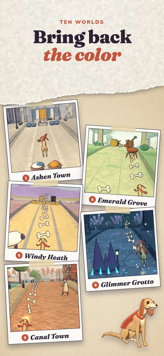 Worlds as photos: Ashen Town, Emerald Grove, Windy Heath, Glimmer Grotto and Canal Town, with Sol sitting beside them.