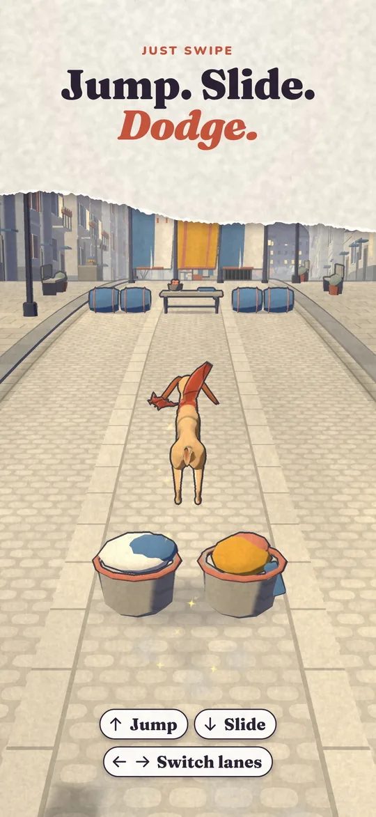Sol runs through Ashen Town toward two pots; buttons below explain jumping, sliding and switching lanes.
