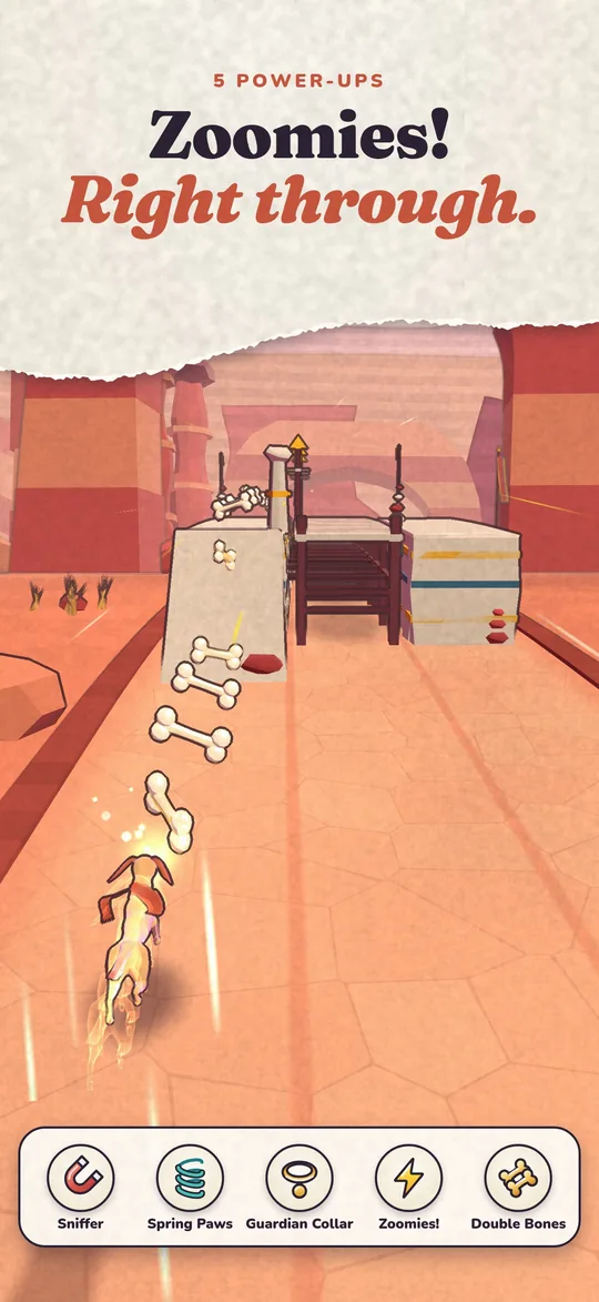 Sol sprints through a row of bones with Zoomies!; the five power-ups are shown below.