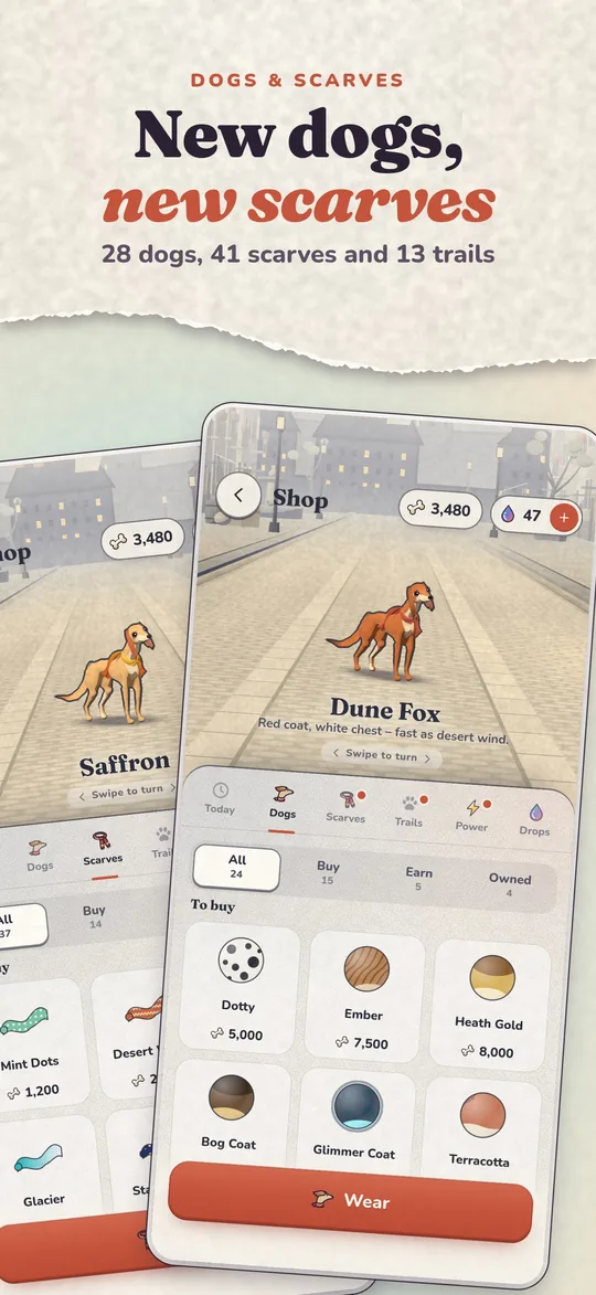 The shop shows the dog Dune Fox and more dogs to buy with bones.