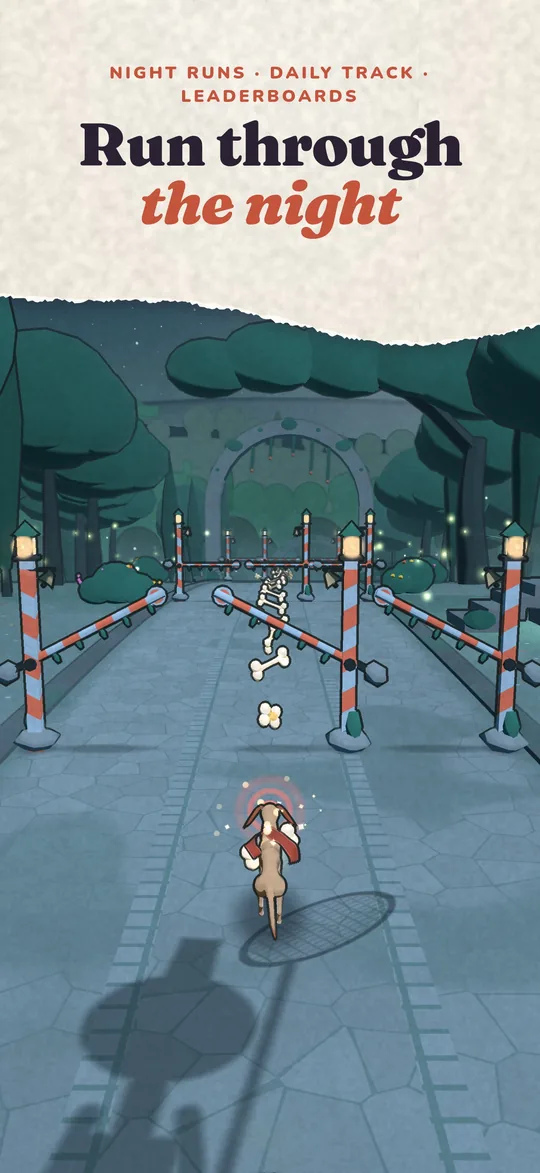 Sol runs toward an archway at night.