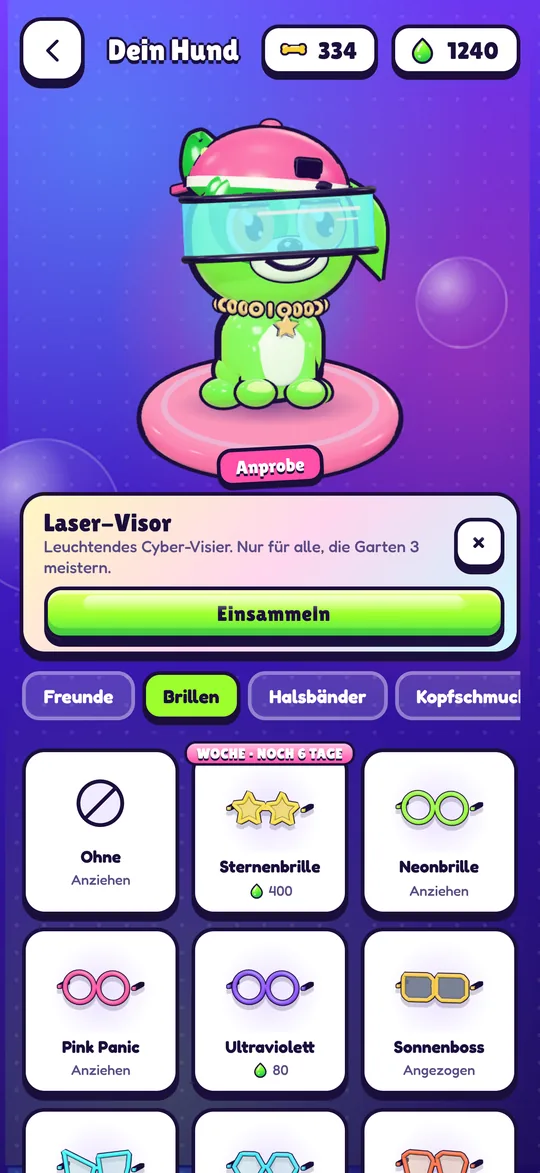 Buddy probiert das leuchtende Laser-Visier an, ein legendäres Item für Garten 3.