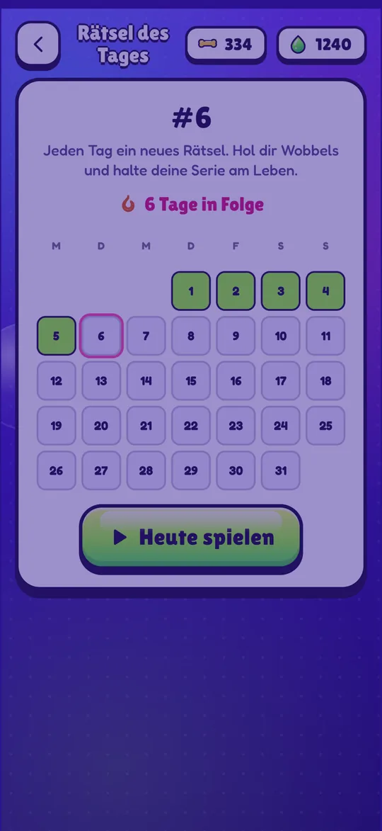 Der Kalender des Tagesrätsels zeigt eine Serie von sechs Tagen.