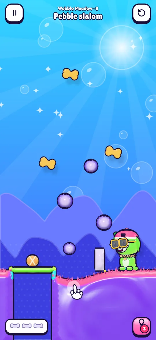 A finger presses into the purple jelly ground, which dents softly while Buddy watches.