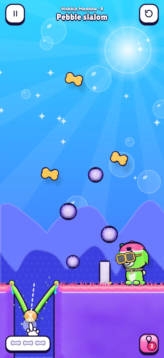 The green jelly trampoline is stretched, and a dotted line shows the ball's flight path.