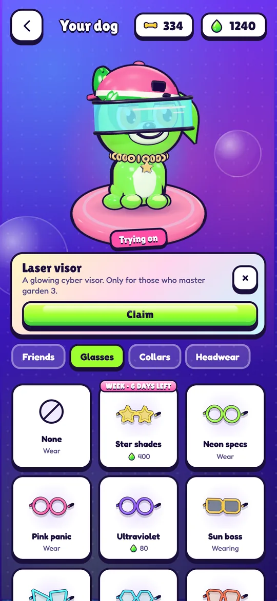 Buddy tries on the glowing laser visor, a legendary item for finishing garden 3.