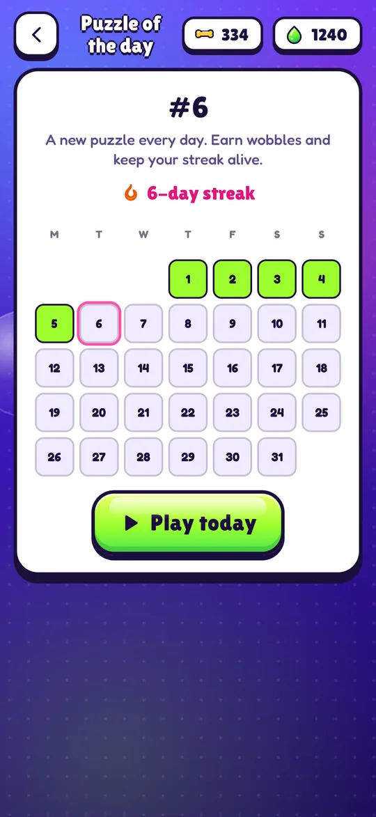 The daily puzzle calendar shows a six-day streak.