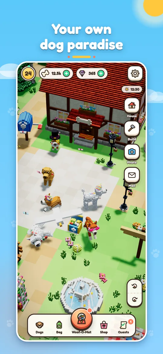 Your island with Bello's house, a fountain and playing dogs.
